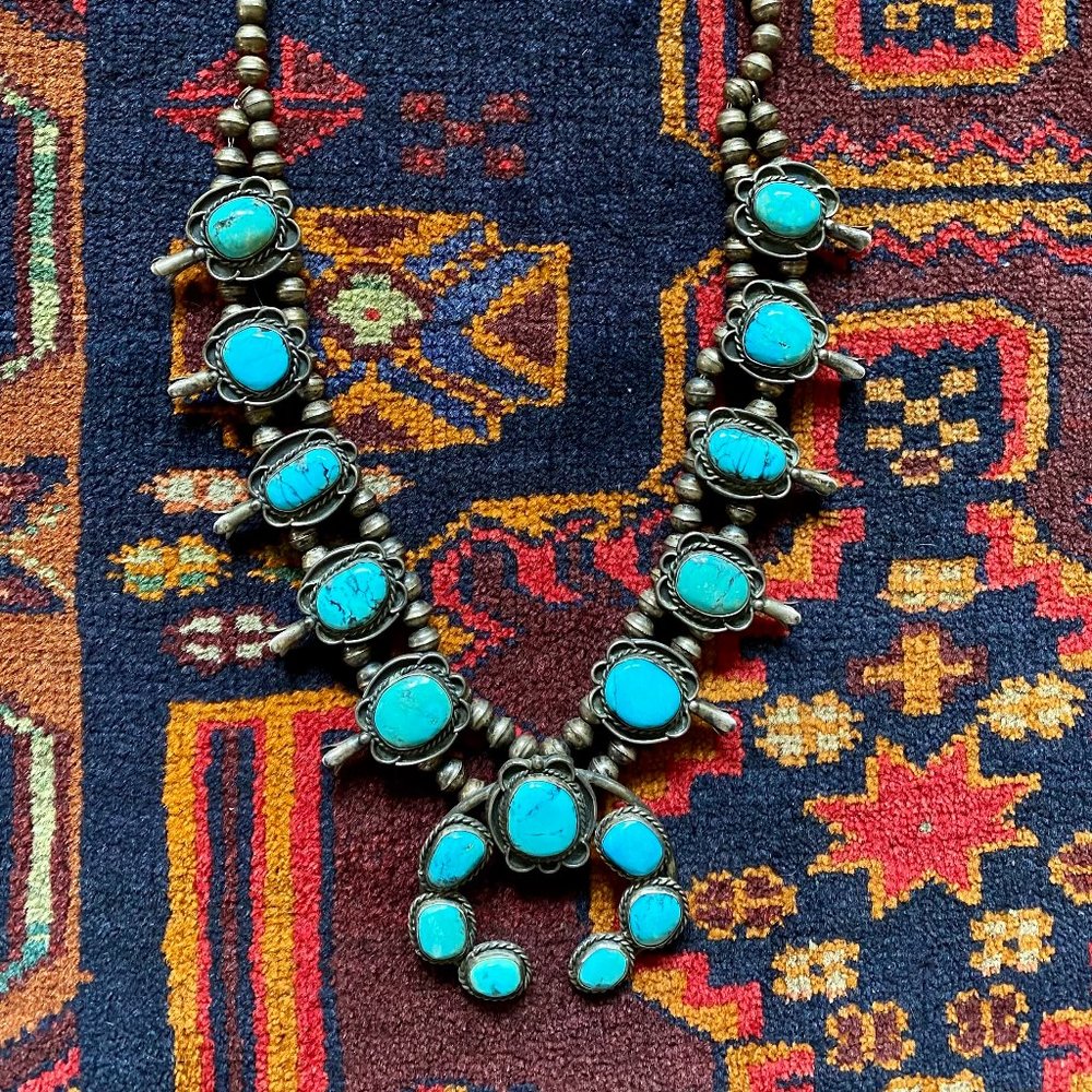 194g Vintage Navajo Sterling Silver Squash Blossom Necklace w Colorful Turquoise